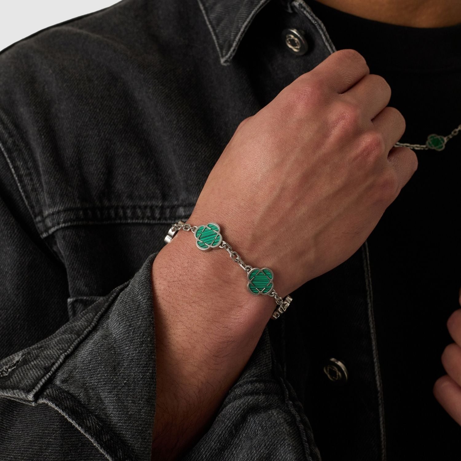 Malachite Clover Stone Bracelet (Silver)