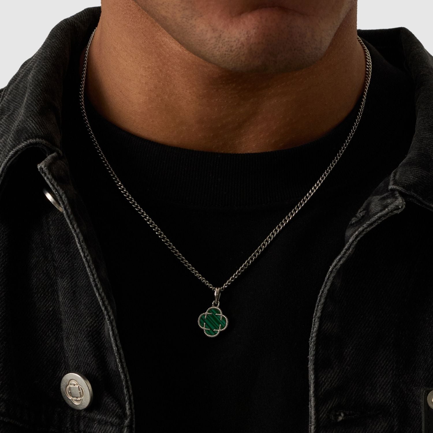 Pendentif en pierre de trèfle malachite (argent)