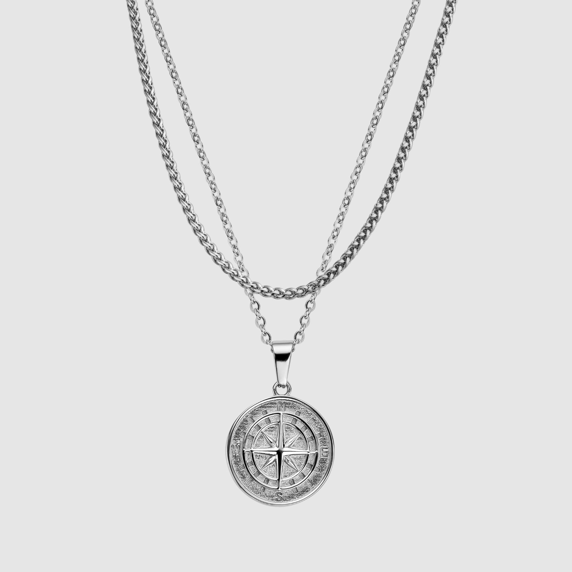Men's Silver Compass Pendant Necklace