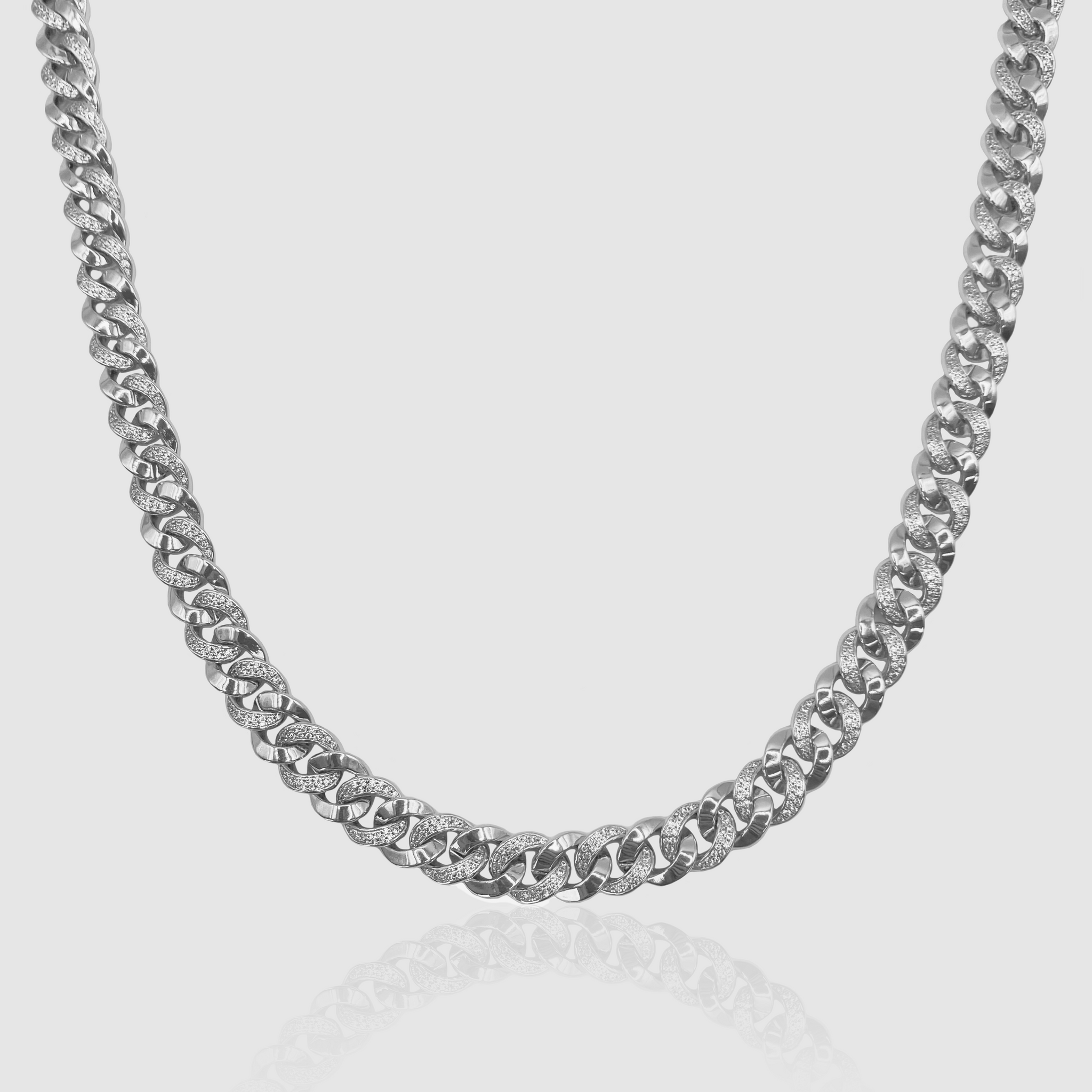 8mm Miami Iced Diamond Cuban Link Chain - Silver | CRAFTD London 8mm Miami Iced Diamond Cuban Link Chain - Silver | CRAFTD London