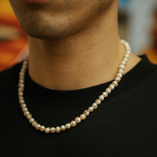 CRAFTD London ネックレス CHAIN WRAP REAL PEARL NECKLACE Men's Real Pearl Necklace with Gold Chain | CRAFTD London