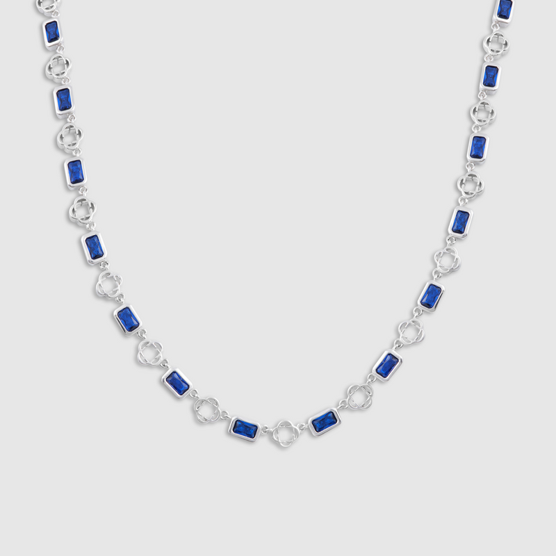 Halskette mit blauem Edelstein und Kleeblattmotiv (Silber)