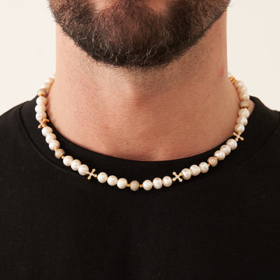 Iced Cross Real Pearl Necklace (Gold)