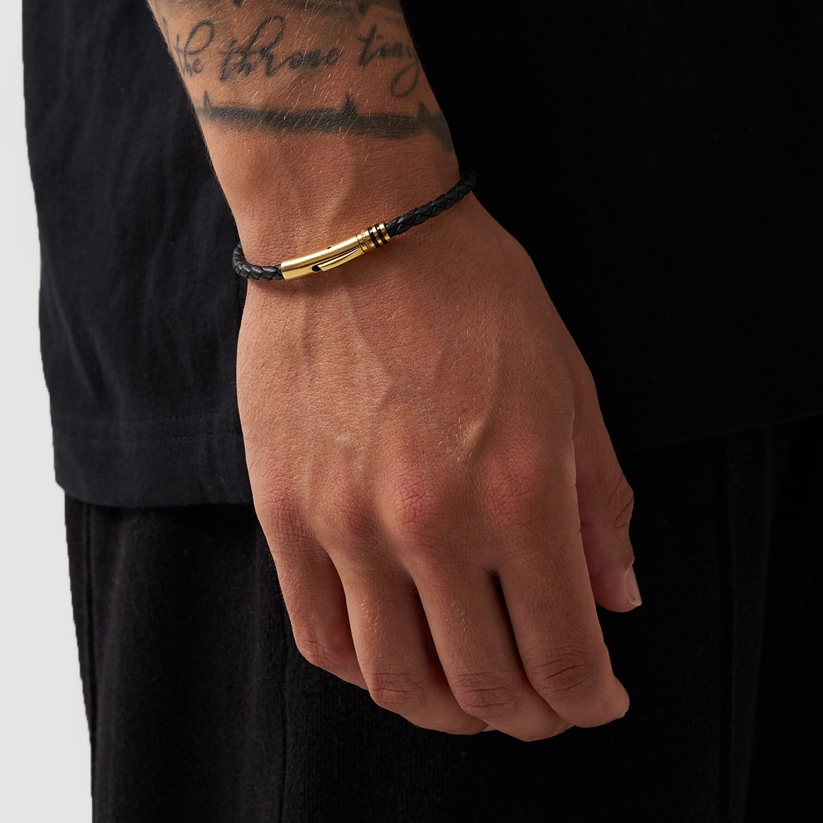 Black Leather Bracelet (Gold)