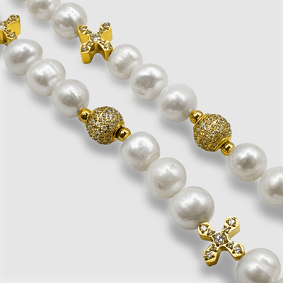 Iced Cross Real Pearl Necklace (Gold)