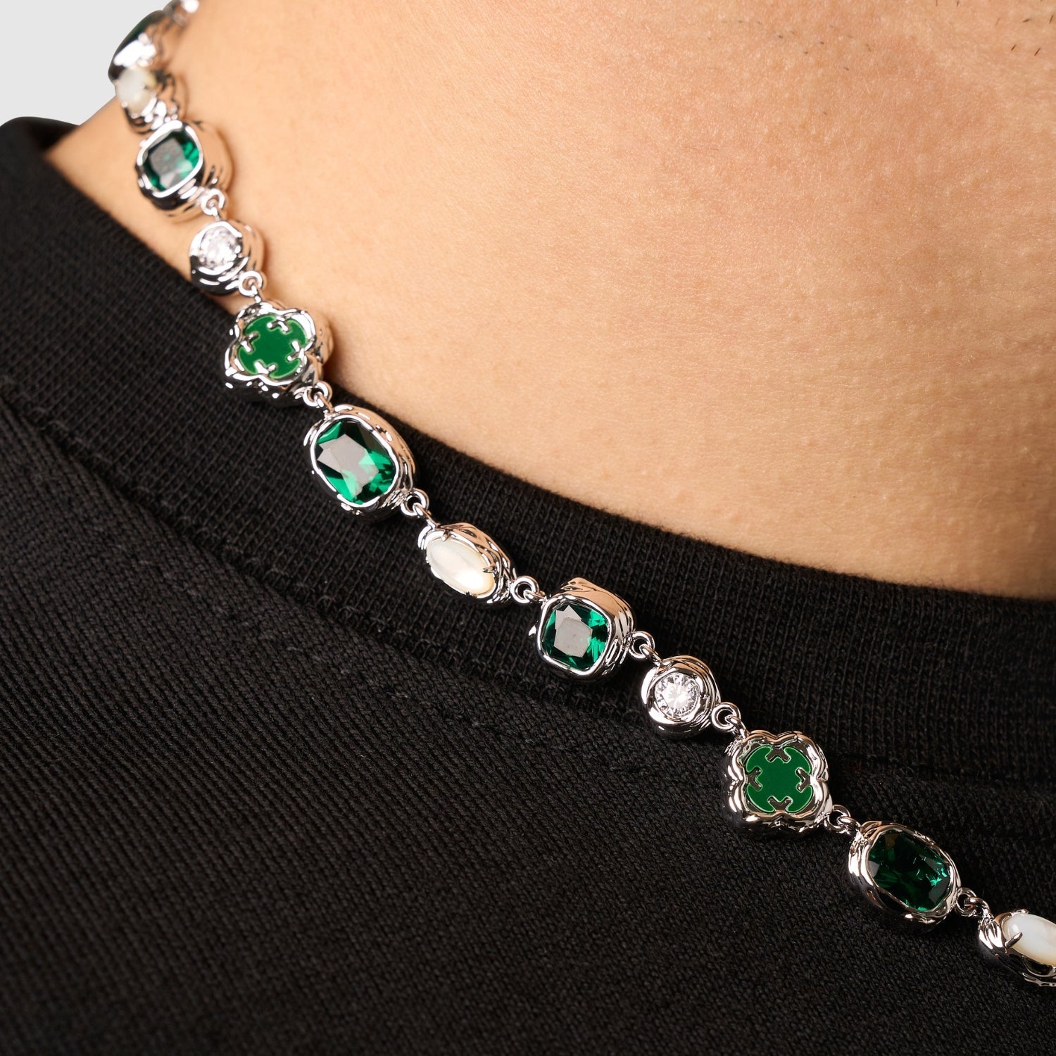 Melted Emerald Gemstone Necklace (Silver)
