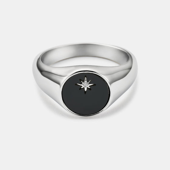 Anillo de sello estrella del norte de ónice (plata)