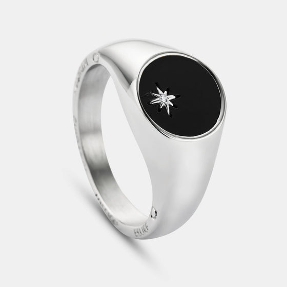 Anillo de sello estrella del norte de ónice (plata)