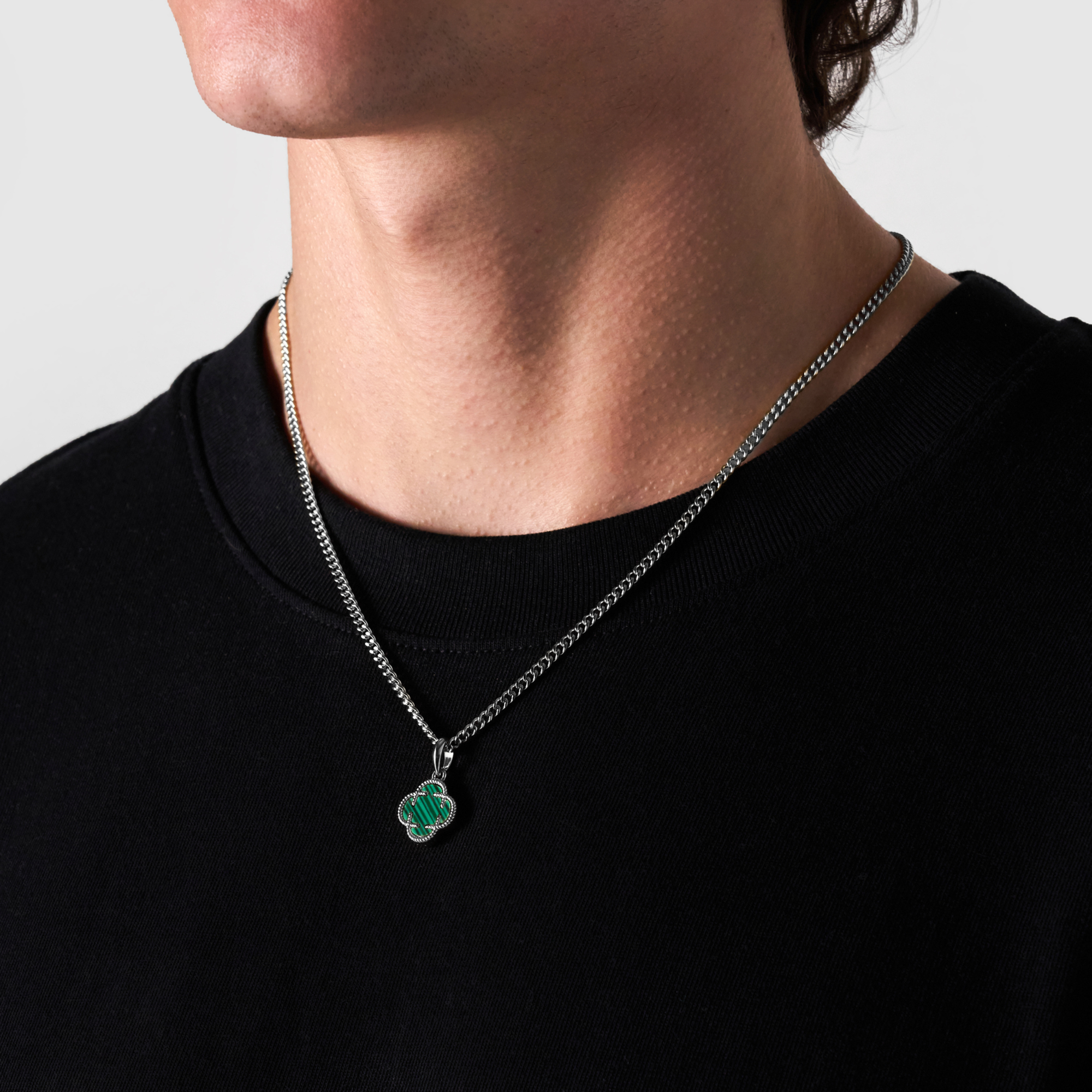 送税込【CRAFTD London】Malachite Clover Stone Pendant☆(2色) Malachite Clover Stone Pendant (Silver)