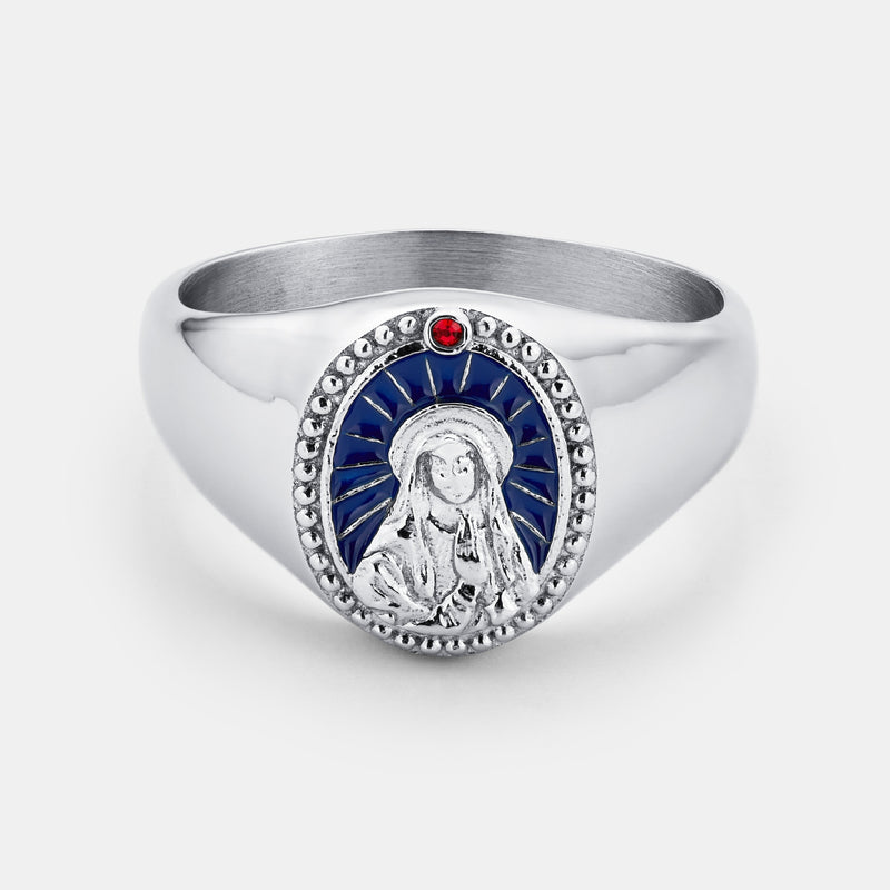 Bague chevalière en émail de la Vierge Marie (argent)