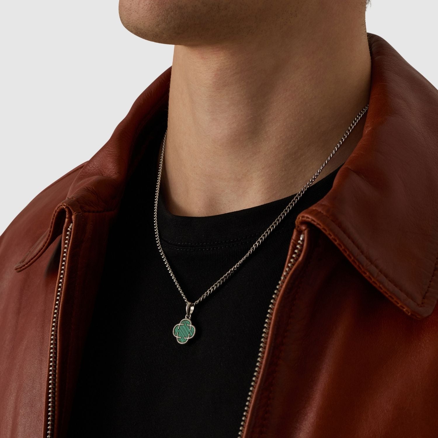 Pendentif en pierre de trèfle malachite (argent)