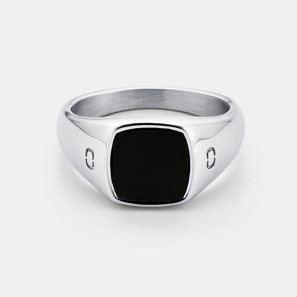 Men's Black Onyx Square Stone Ring (Silver)