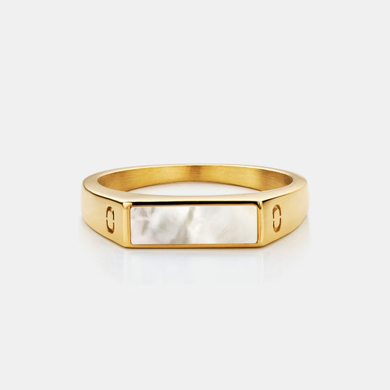 Anillo Sello de Piedra Rectangular Blanca (Oro)