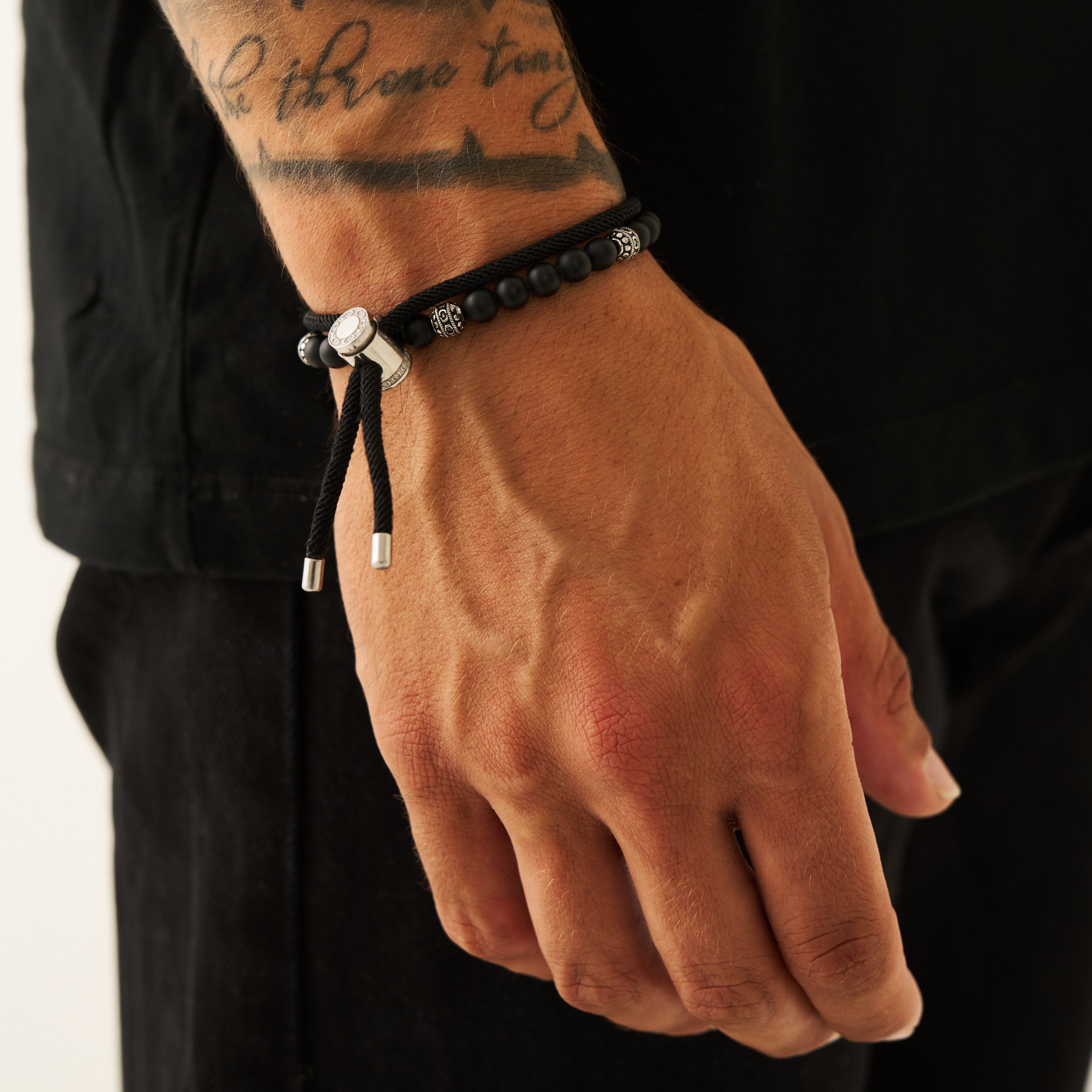 Black Cord String Toggle Bracelet for Men (Silver)