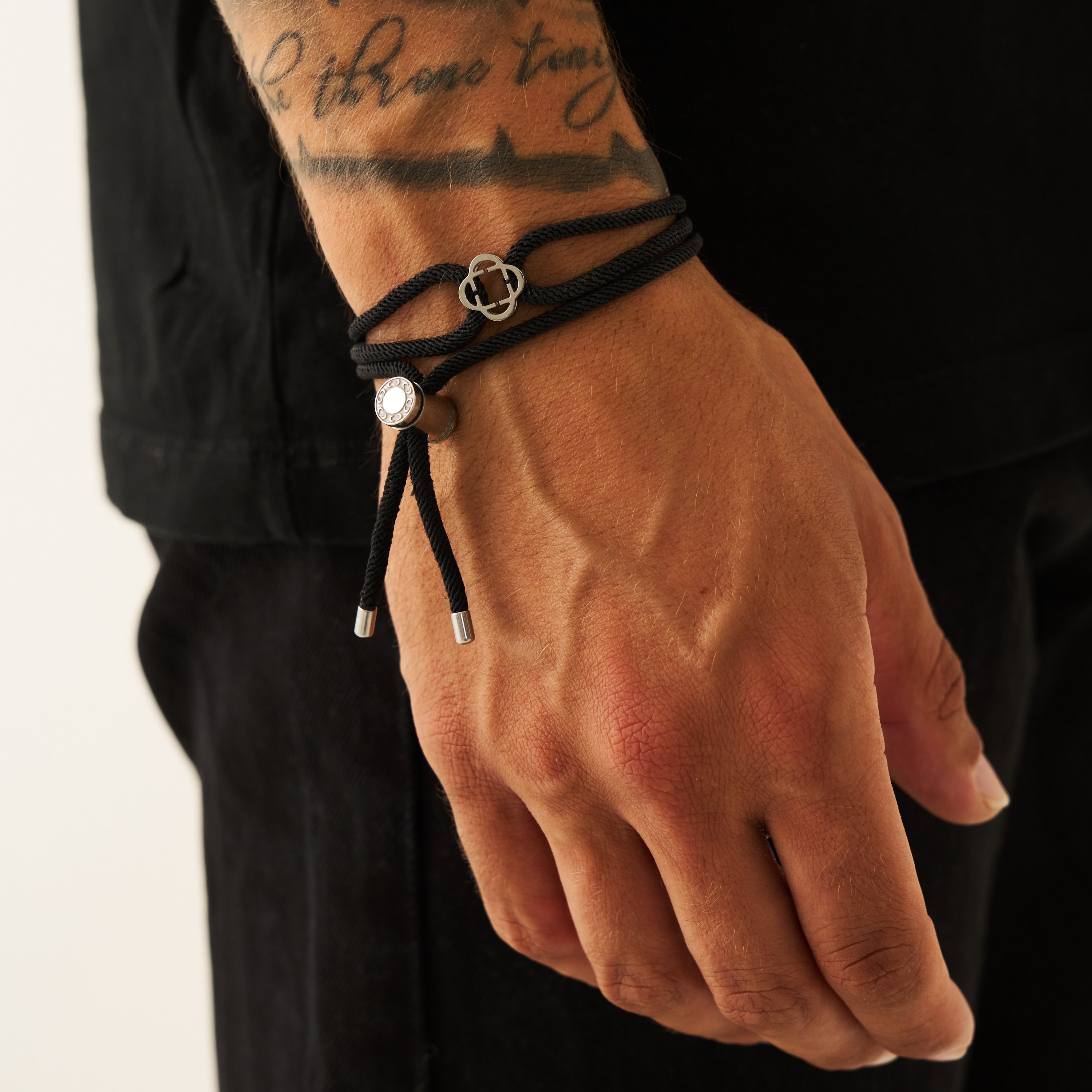 Black Cord String Toggle Bracelet for Men (Silver)