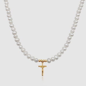 Collar de perlas reales con crucifijo (Oro)