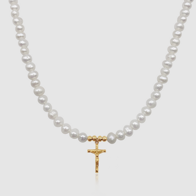 Collier de perles véritables Crucifix (or)