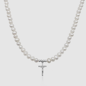 Collar de perlas reales con crucifijo (Plata)