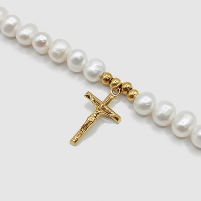 Collier de perles véritables Crucifix (or)