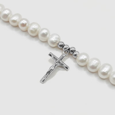 Collier de perles véritables Crucifix (argent)