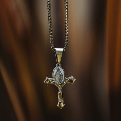 Jesus & Mary Cross Pendant (Silver)