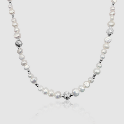 Iced Beaded Real Pearl Necklace (Silver)