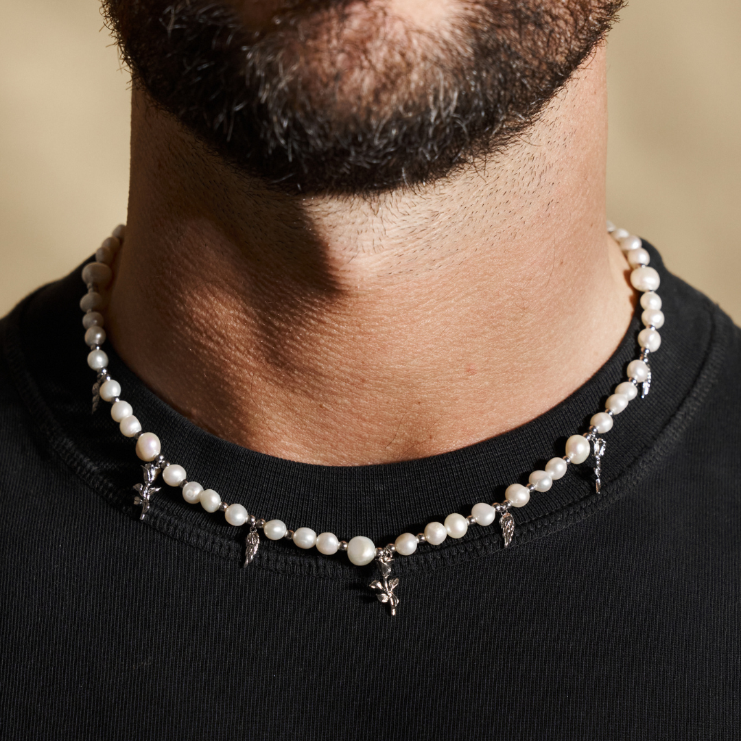 Collier avec pendentif en perles véritables (argent)