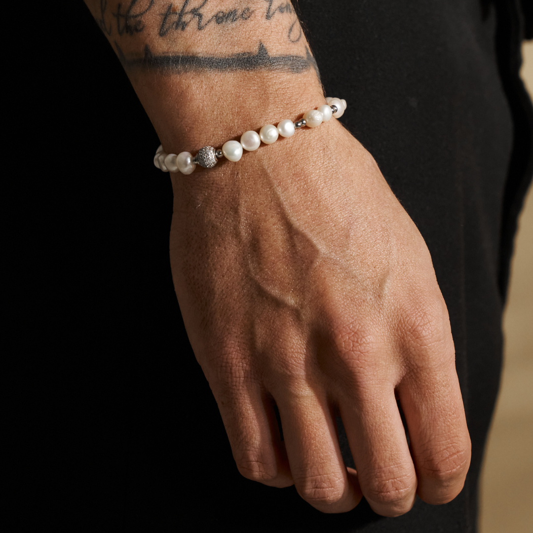 送税込【CRAFTD London】Iced Beaded Real Pearl Bracelet (2色) Men's Diamond Bead Pearl Bracelet (Silver) | CRAFTD London