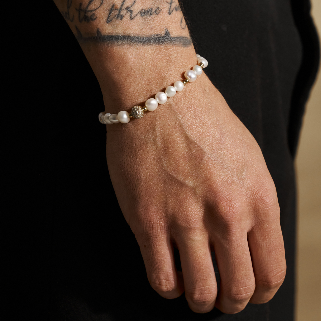 CRAFTDLondon クラフトロンドン ROCCO REAL PEARL BRACELET 5MM Men's Diamond Bead Pearl Bracelet (Gold) | CRAFTD London