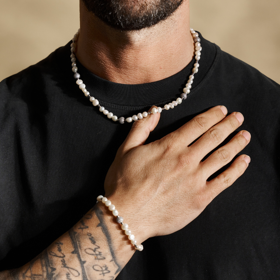 送税込【CRAFTD London】Iced Beaded Real Pearl Bracelet (2色) Men's Diamond Bead Pearl Bracelet (Silver) | CRAFTD London
