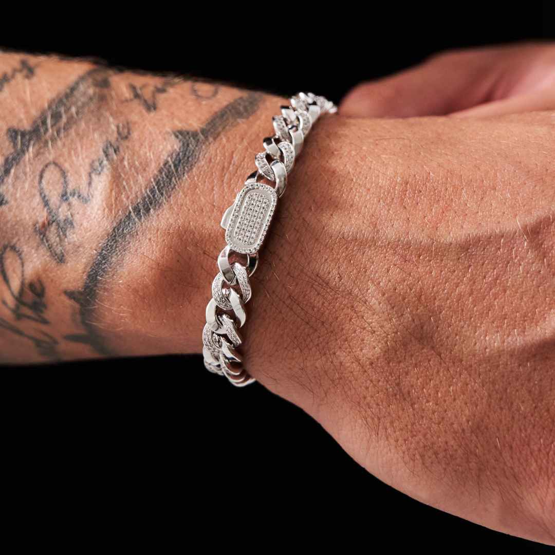 【CRAFTD London】 クラフトロンドン HALF ICED CUBAN BRACELET 8mm Iced Diamond Miami Cuban Link Bracelet - Silver | CRAFTD