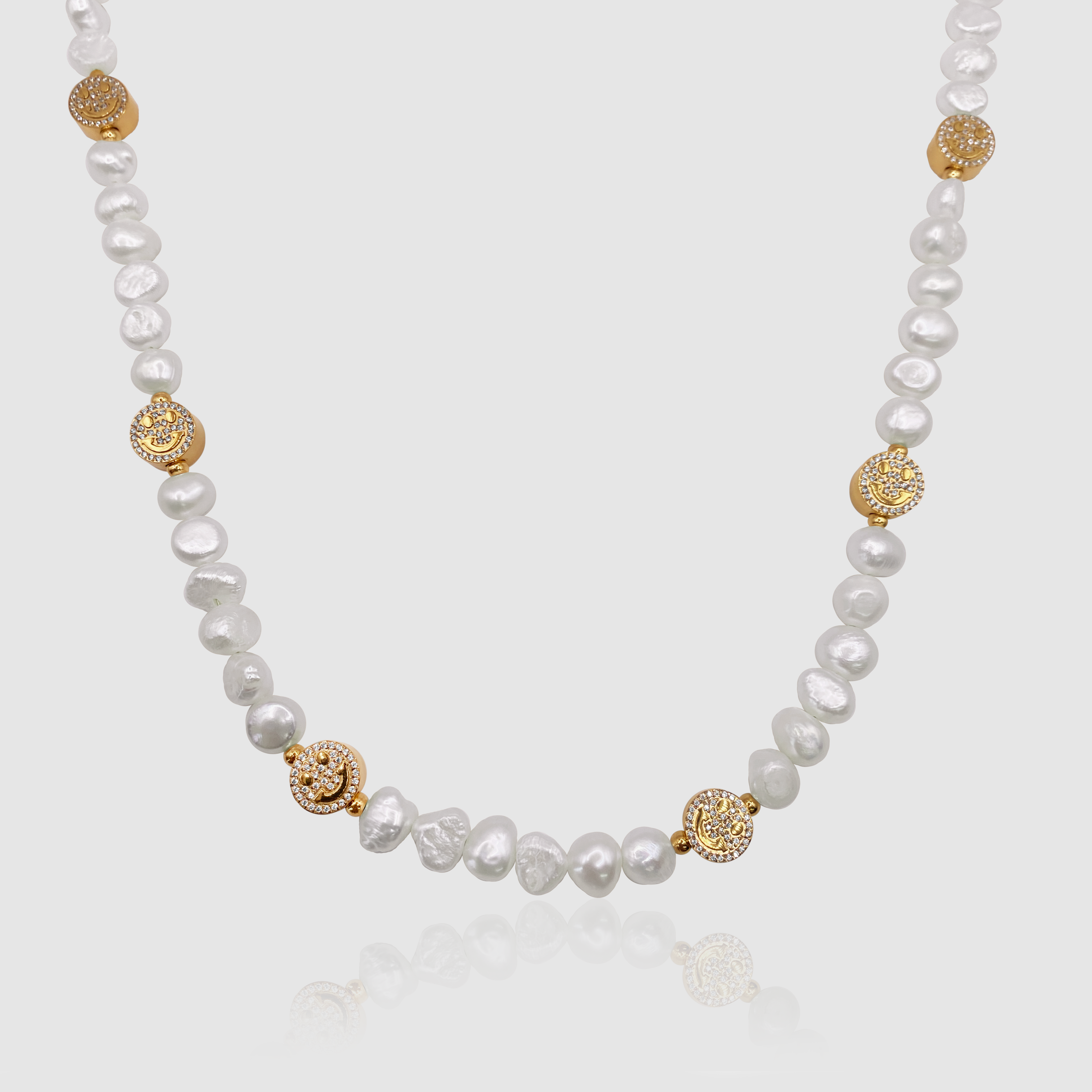 Iced Smiley Real Pearl Necklace Gold